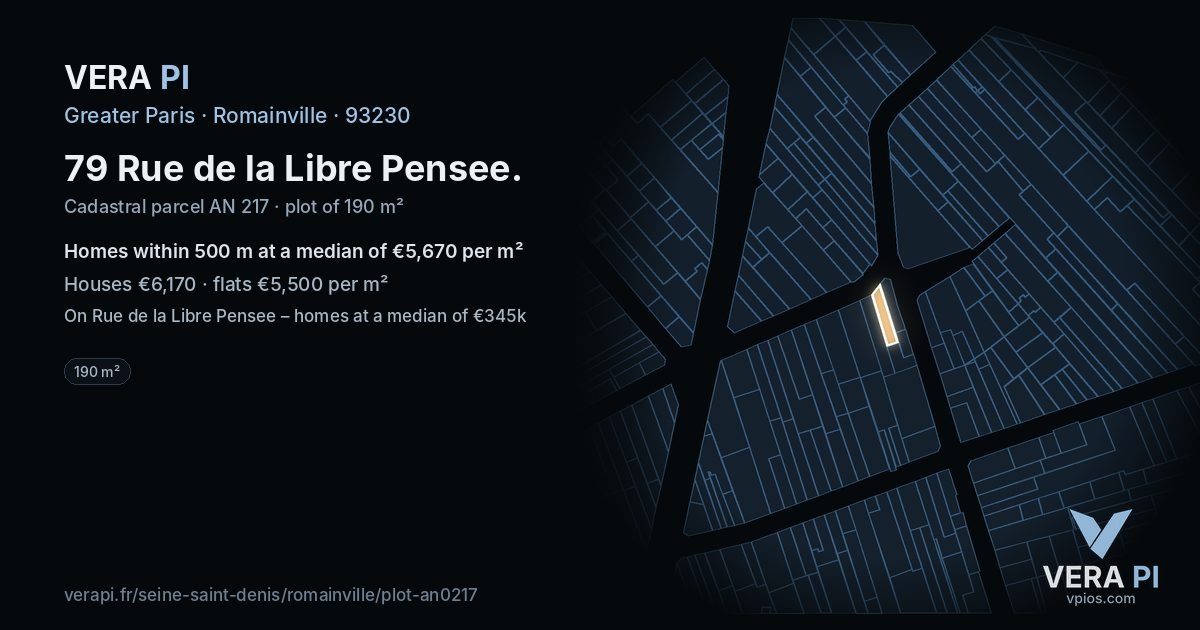 79 Rue de la Libre Pensee, Romainville at night – the plot lit, the parcels around coloured by the prices near them