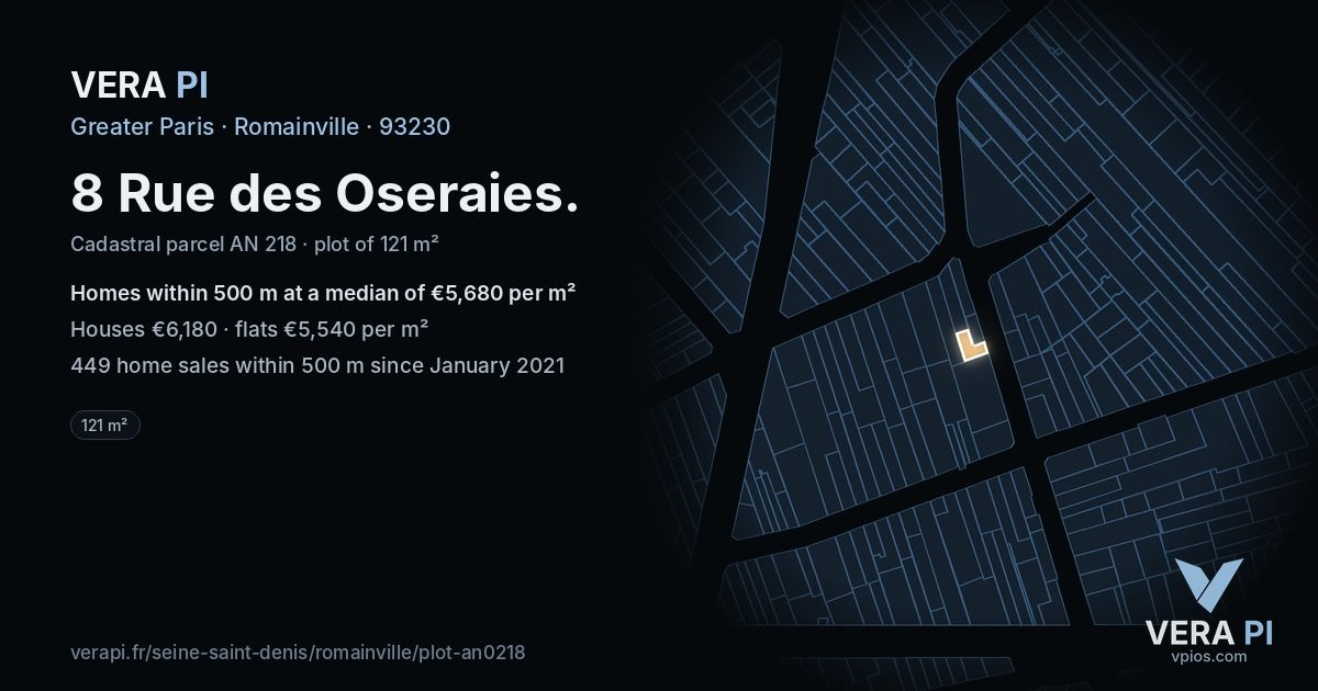 8 Rue des Oseraies, Romainville at night – the plot lit, the parcels around coloured by the prices near them