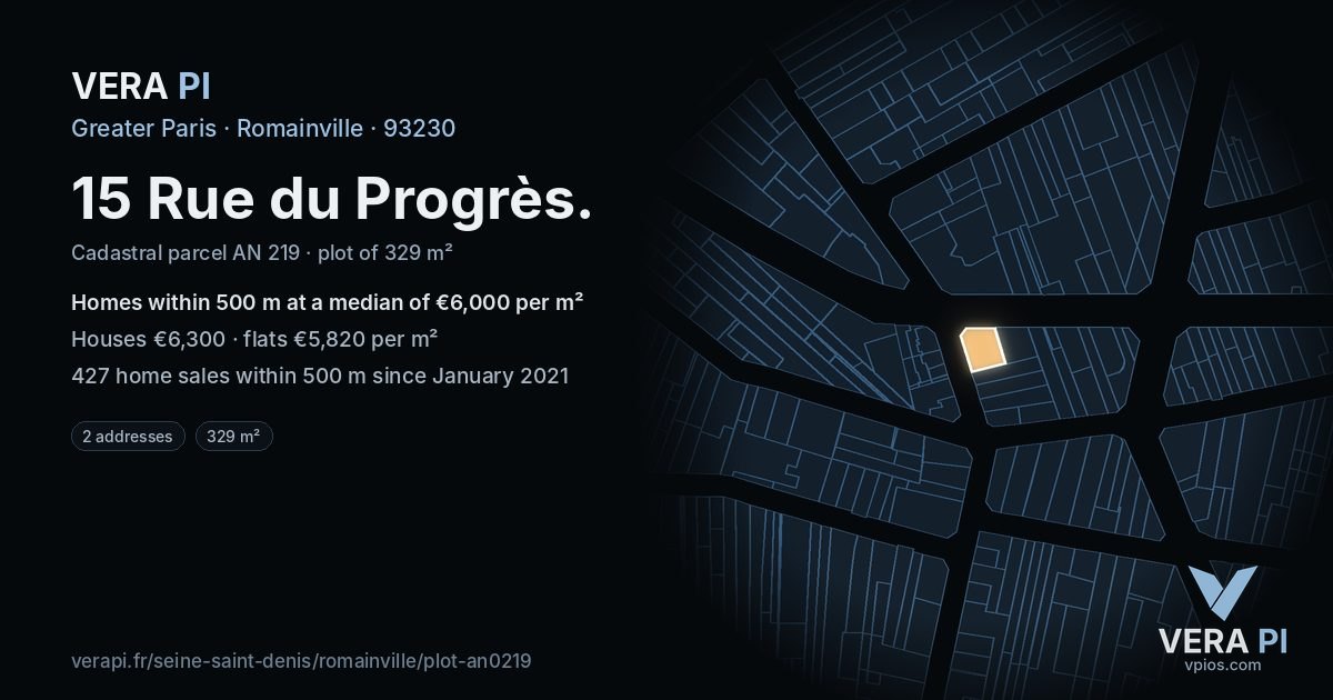 15 Rue du Progrès, Romainville at night – the plot lit, the parcels around coloured by the prices near them