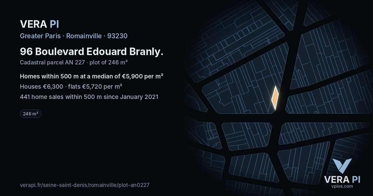 96 Boulevard Edouard Branly, Romainville at night – the plot lit, the parcels around coloured by the prices near them