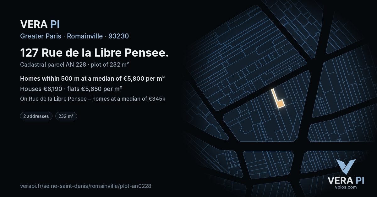127 Rue de la Libre Pensee, Romainville at night – the plot lit, the parcels around coloured by the prices near them