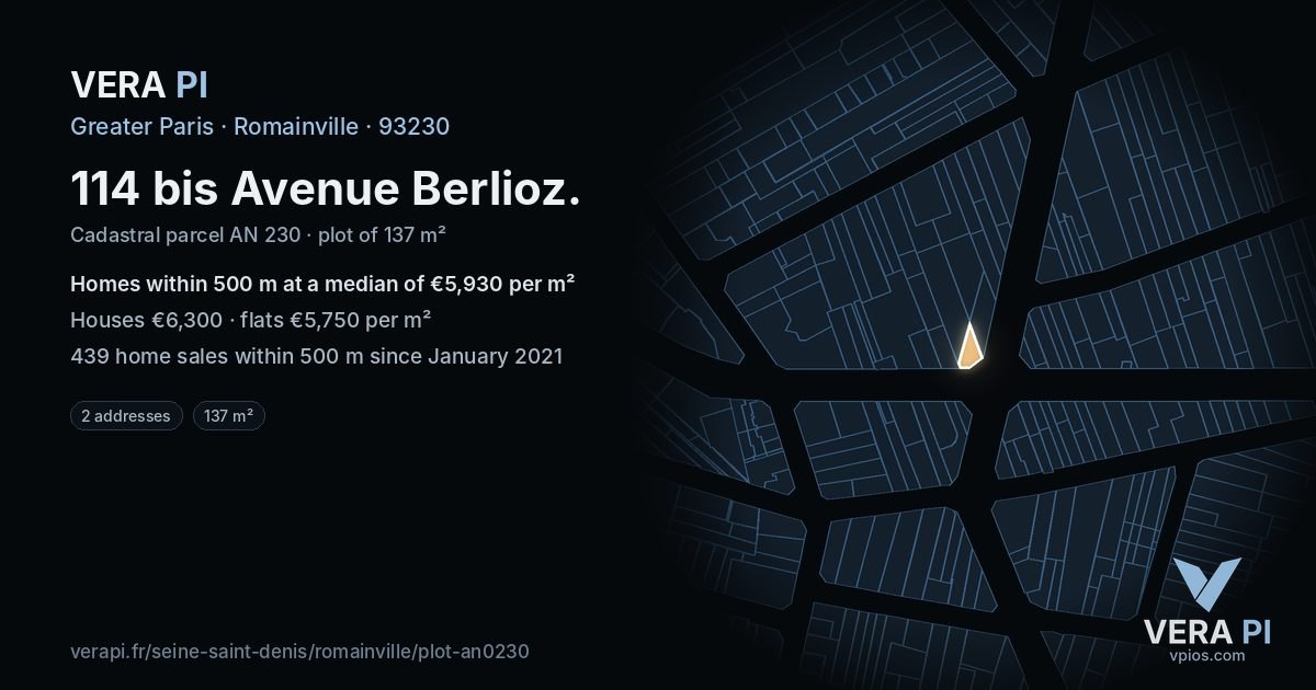 114 bis Avenue Berlioz, Romainville at night – the plot lit, the parcels around coloured by the prices near them