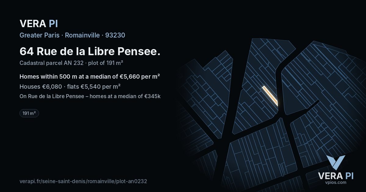 64 Rue de la Libre Pensee, Romainville at night – the plot lit, the parcels around coloured by the prices near them