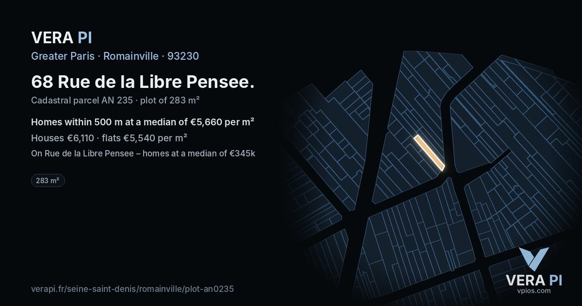 68 Rue de la Libre Pensee, Romainville at night – the plot lit, the parcels around coloured by the prices near them