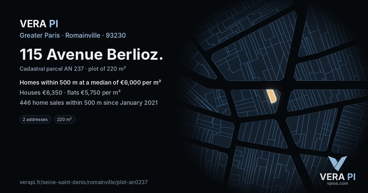 115 Avenue Berlioz, Romainville at night – the plot lit, the parcels around coloured by the prices near them