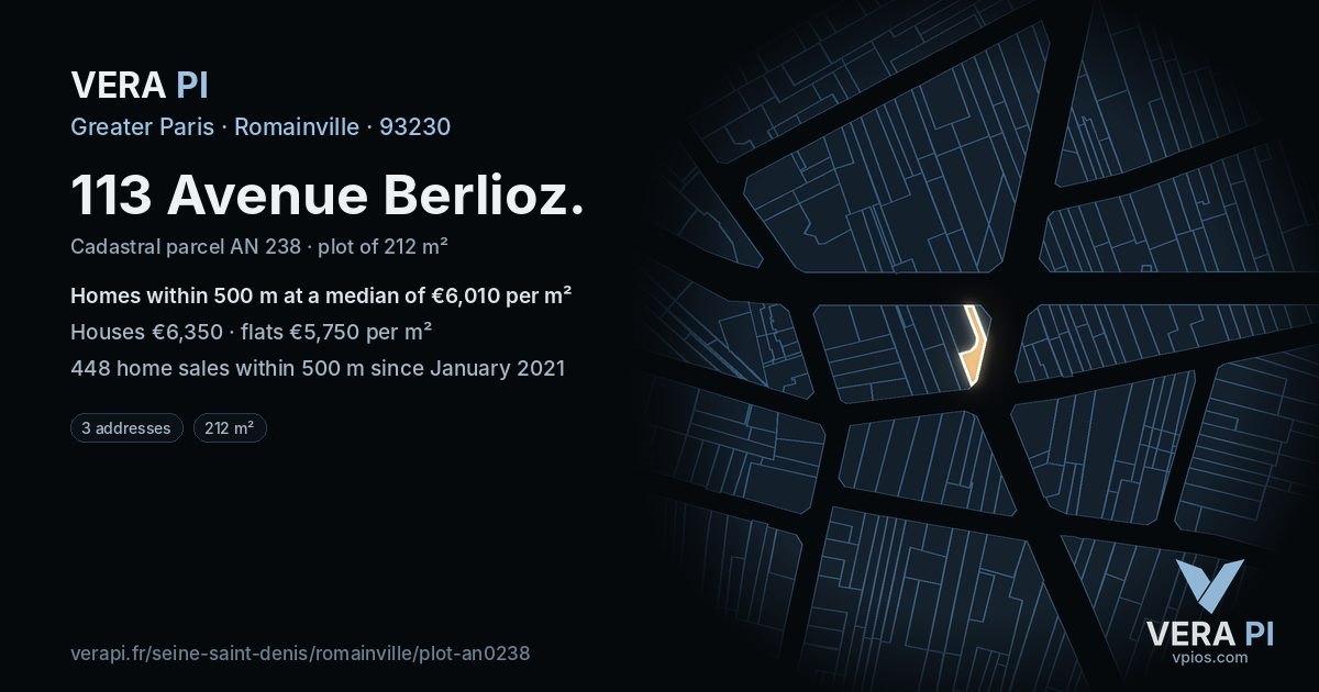 113 Avenue Berlioz, Romainville at night – the plot lit, the parcels around coloured by the prices near them