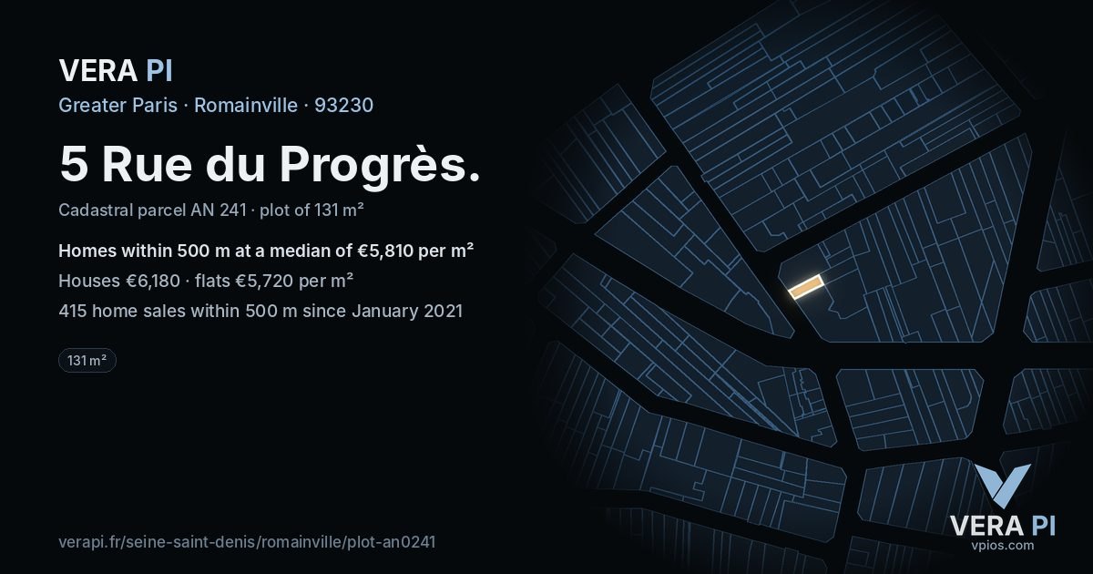 5 Rue du Progrès, Romainville at night – the plot lit, the parcels around coloured by the prices near them