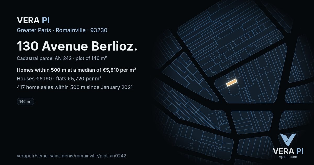 130 Avenue Berlioz, Romainville at night – the plot lit, the parcels around coloured by the prices near them