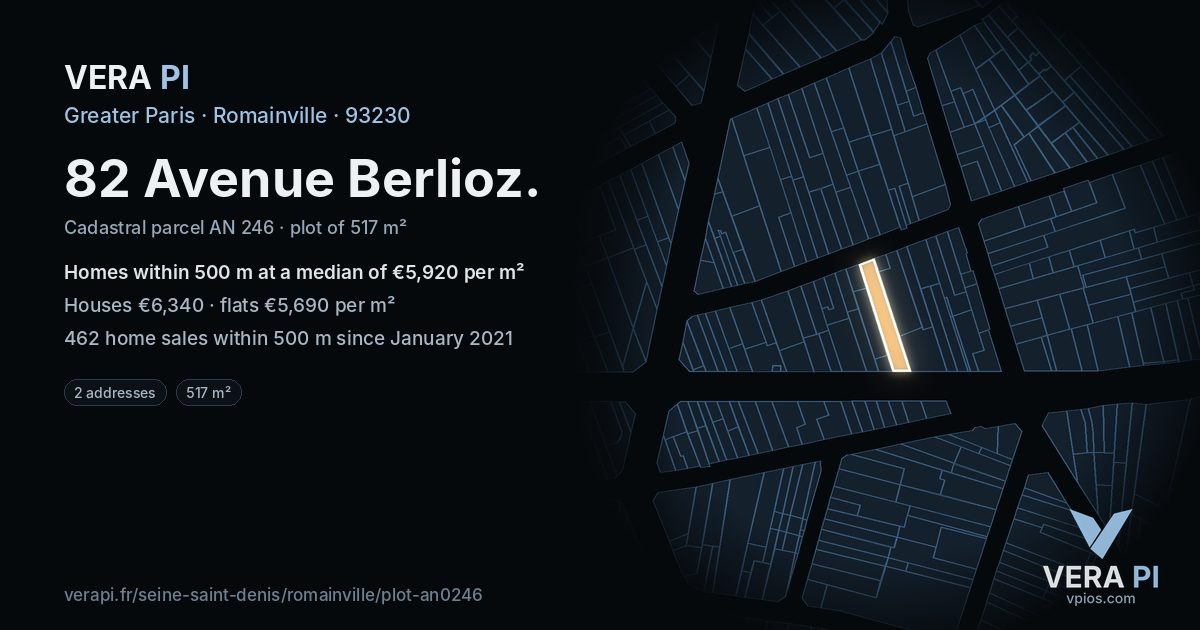 82 Avenue Berlioz, Romainville at night – the plot lit, the parcels around coloured by the prices near them