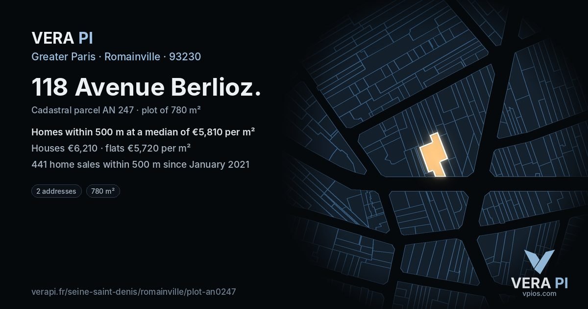 118 Avenue Berlioz, Romainville at night – the plot lit, the parcels around coloured by the prices near them
