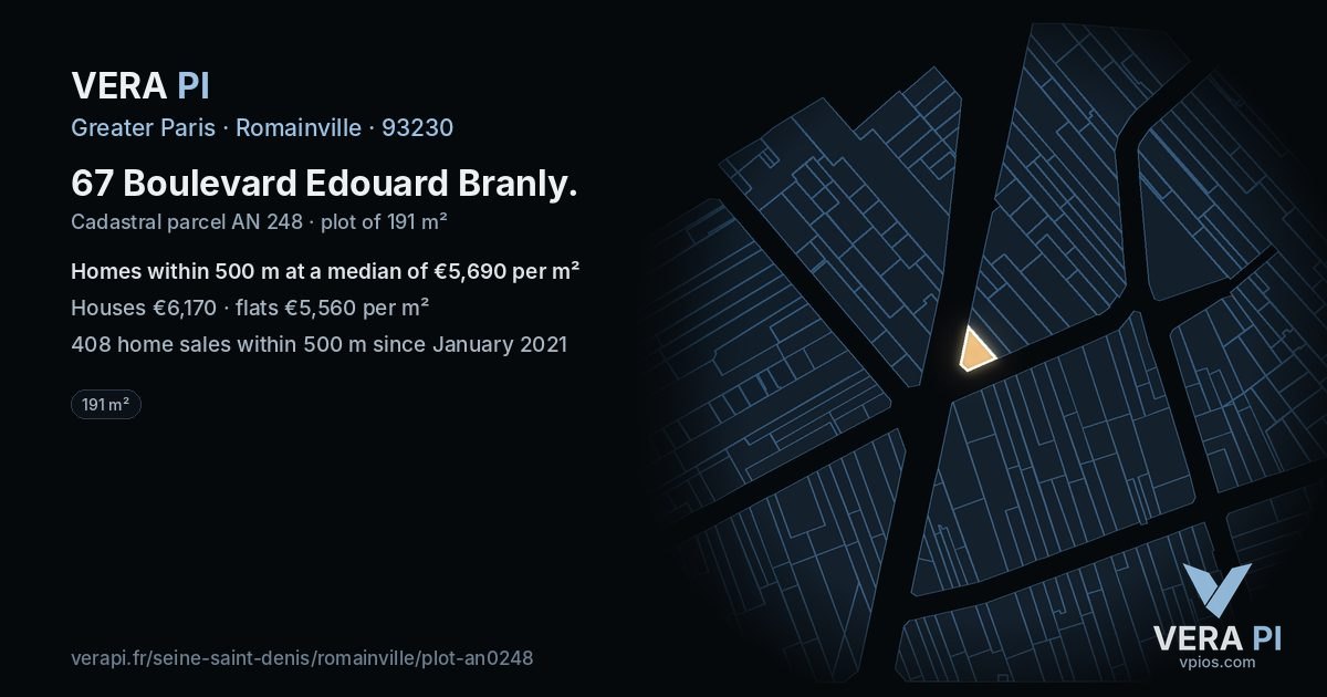 67 Boulevard Edouard Branly, Romainville at night – the plot lit, the parcels around coloured by the prices near them