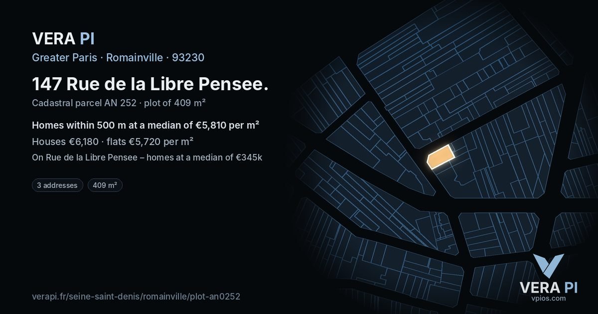 147 Rue de la Libre Pensee, Romainville at night – the plot lit, the parcels around coloured by the prices near them