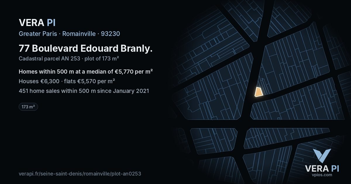 77 Boulevard Edouard Branly, Romainville at night – the plot lit, the parcels around coloured by the prices near them