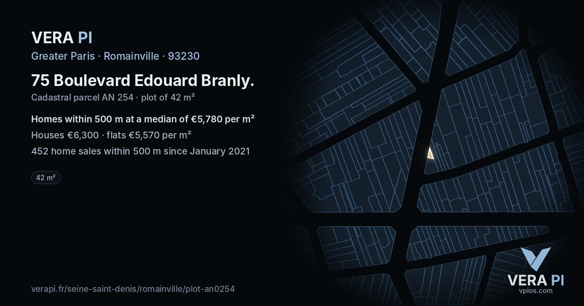 75 Boulevard Edouard Branly, Romainville at night – the plot lit, the parcels around coloured by the prices near them