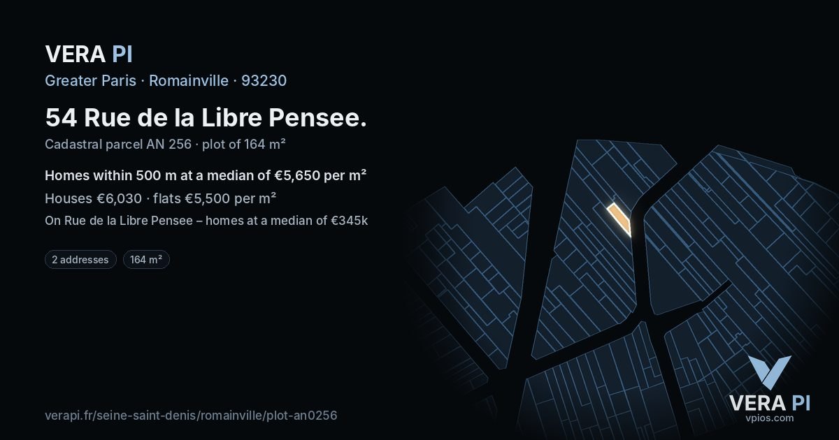 54 Rue de la Libre Pensee, Romainville at night – the plot lit, the parcels around coloured by the prices near them