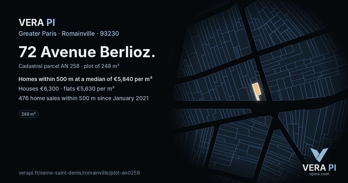 72 Avenue Berlioz, Romainville at night – the plot lit, the parcels around coloured by the prices near them