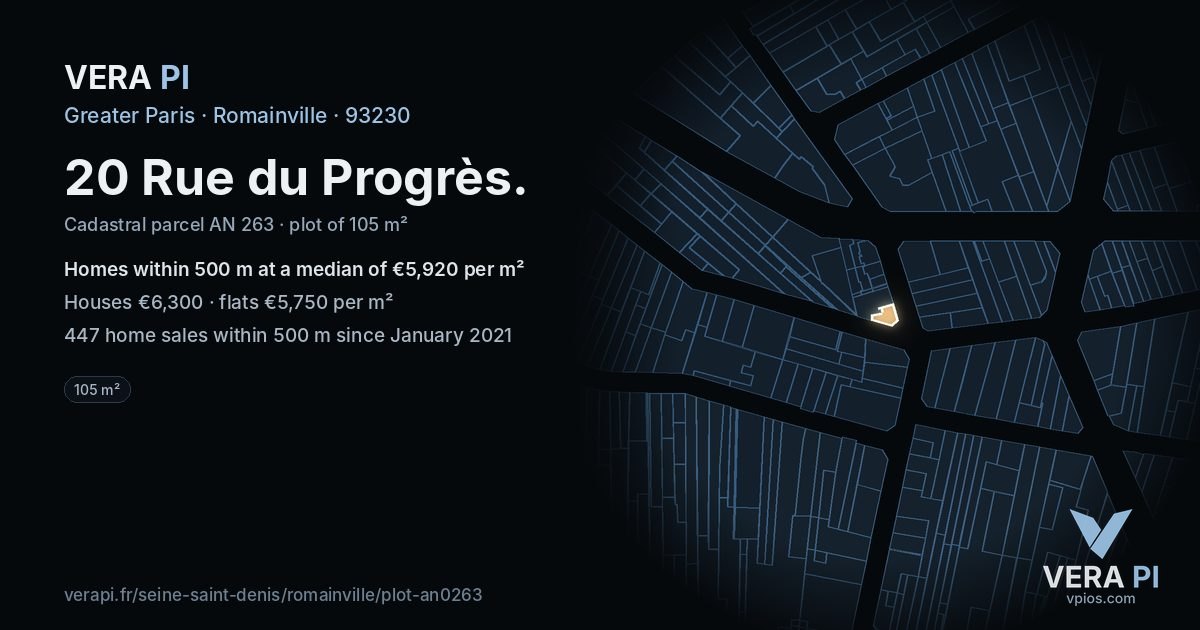 20 Rue du Progrès, Romainville at night – the plot lit, the parcels around coloured by the prices near them