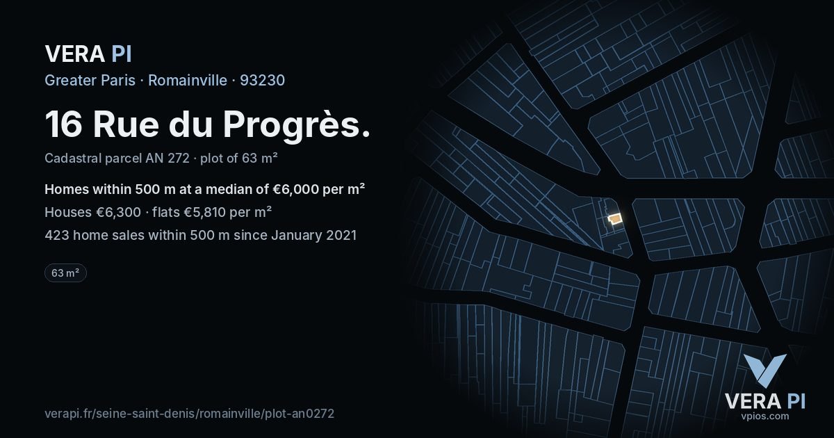 16 Rue du Progrès, Romainville at night – the plot lit, the parcels around coloured by the prices near them