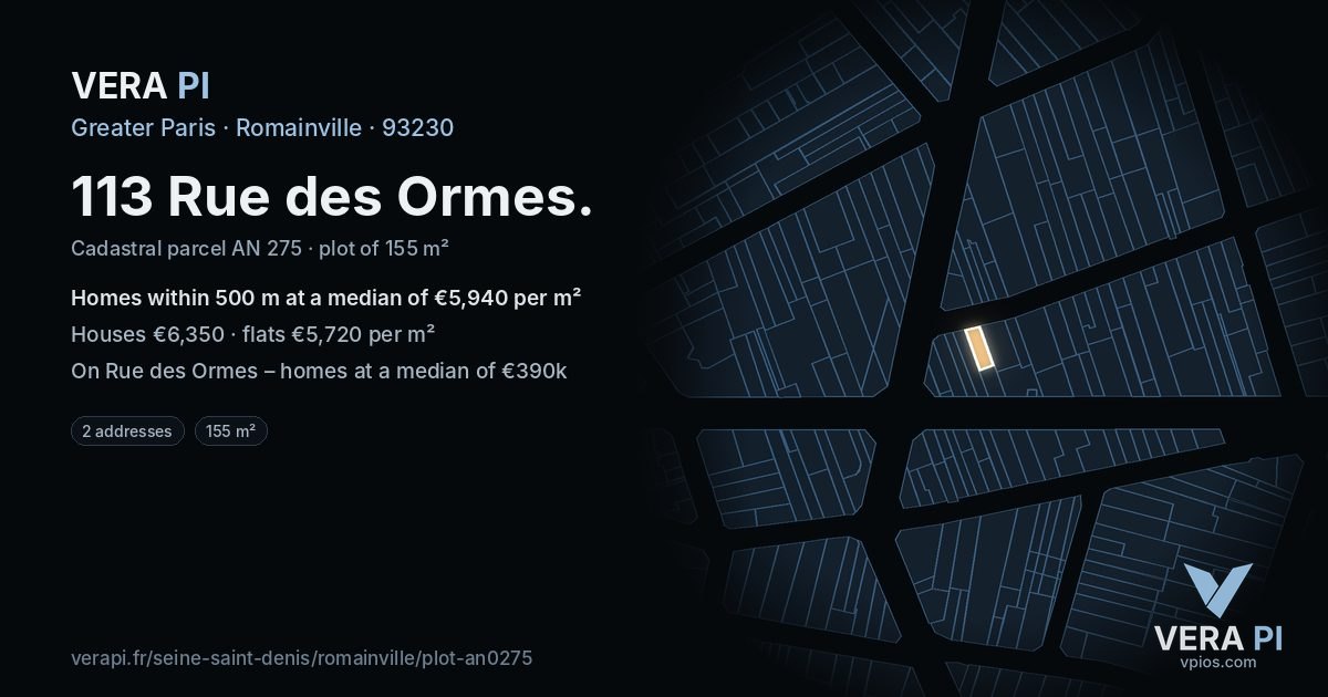 113 Rue des Ormes, Romainville at night – the plot lit, the parcels around coloured by the prices near them