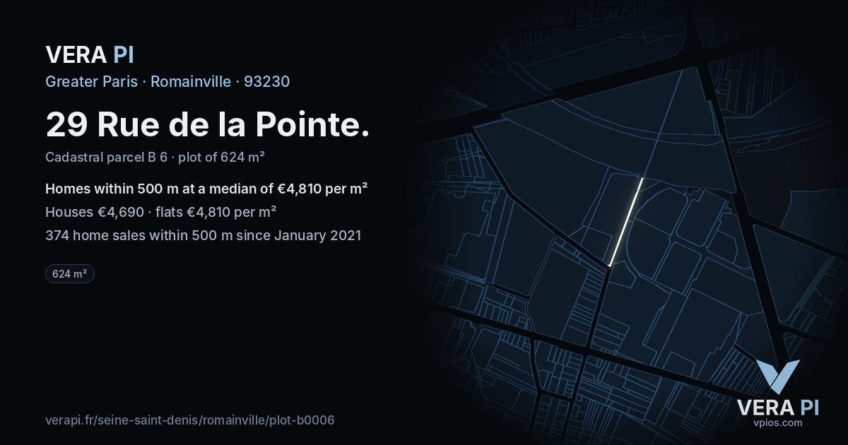29 Rue de la Pointe, Romainville at night – the plot lit, the parcels around coloured by the prices near them