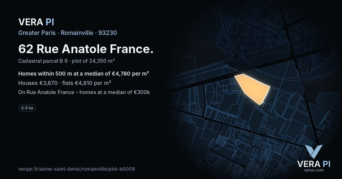62 Rue Anatole France, Romainville at night – the plot lit, the parcels around coloured by the prices near them