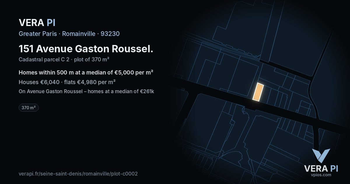 151 Avenue Gaston Roussel, Romainville at night – the plot lit, the parcels around coloured by the prices near them