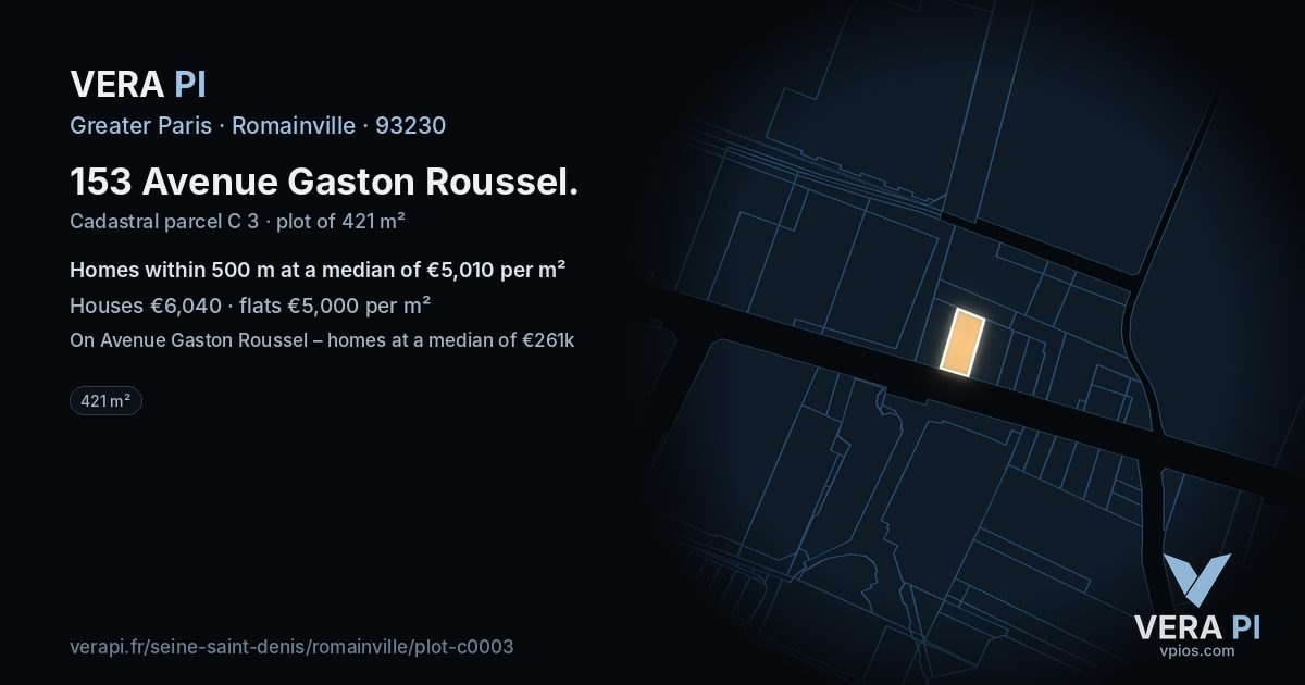 153 Avenue Gaston Roussel, Romainville at night – the plot lit, the parcels around coloured by the prices near them