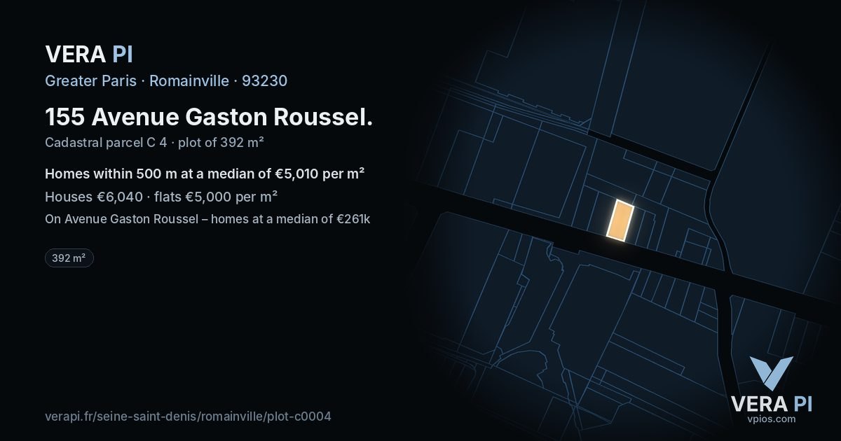 155 Avenue Gaston Roussel, Romainville at night – the plot lit, the parcels around coloured by the prices near them