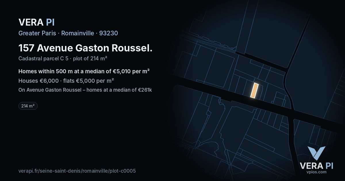 157 Avenue Gaston Roussel, Romainville at night – the plot lit, the parcels around coloured by the prices near them