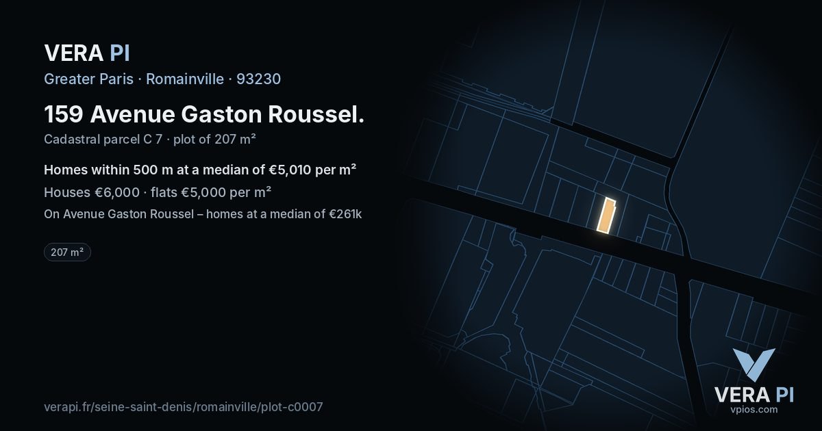 159 Avenue Gaston Roussel, Romainville at night – the plot lit, the parcels around coloured by the prices near them
