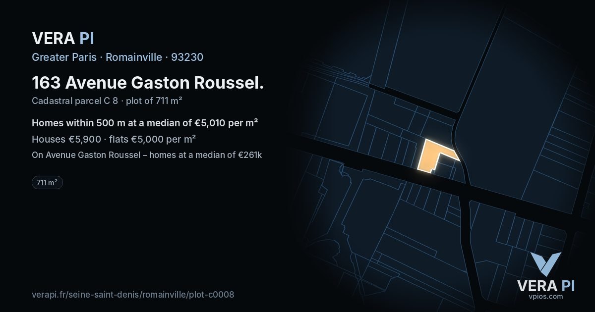 163 Avenue Gaston Roussel, Romainville at night – the plot lit, the parcels around coloured by the prices near them