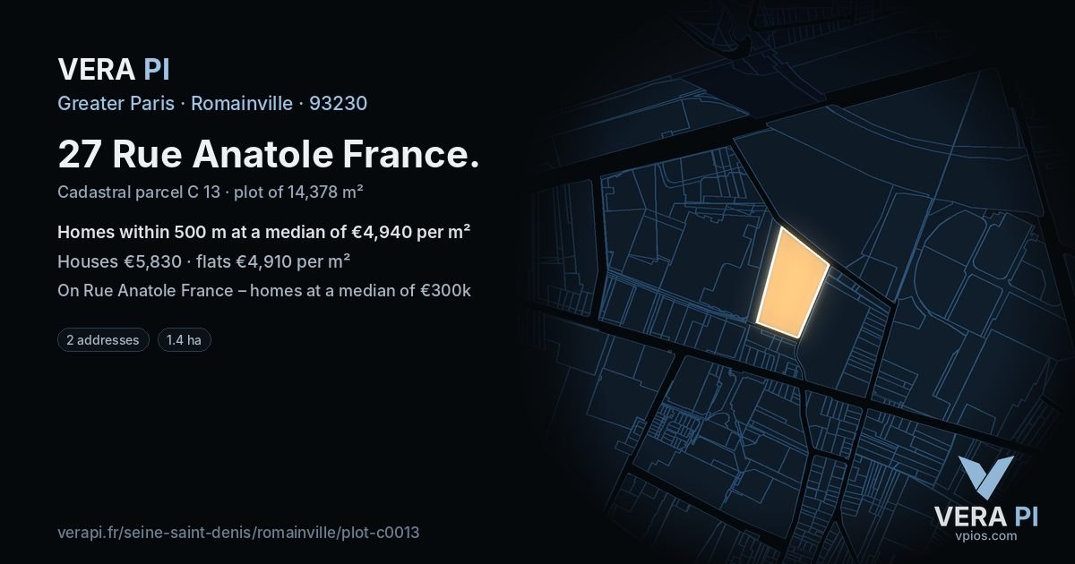 27 Rue Anatole France, Romainville at night – the plot lit, the parcels around coloured by the prices near them