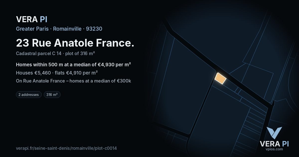 23 Rue Anatole France, Romainville at night – the plot lit, the parcels around coloured by the prices near them