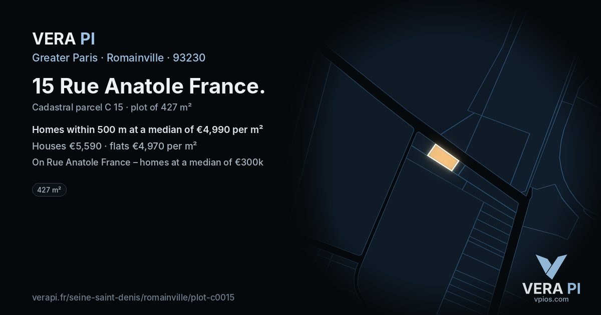15 Rue Anatole France, Romainville at night – the plot lit, the parcels around coloured by the prices near them