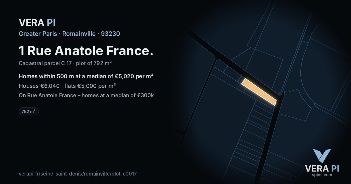 1 Rue Anatole France, Romainville at night – the plot lit, the parcels around coloured by the prices near them
