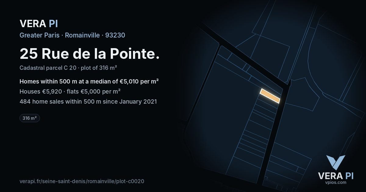 25 Rue de la Pointe, Romainville at night – the plot lit, the parcels around coloured by the prices near them