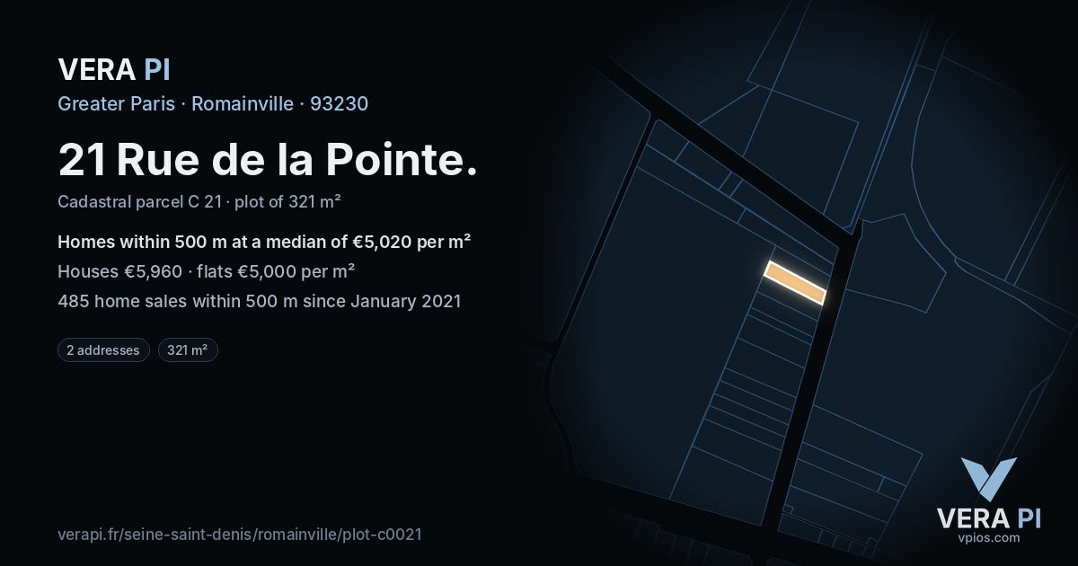 21 Rue de la Pointe, Romainville at night – the plot lit, the parcels around coloured by the prices near them