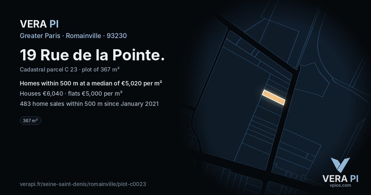 19 Rue de la Pointe, Romainville at night – the plot lit, the parcels around coloured by the prices near them