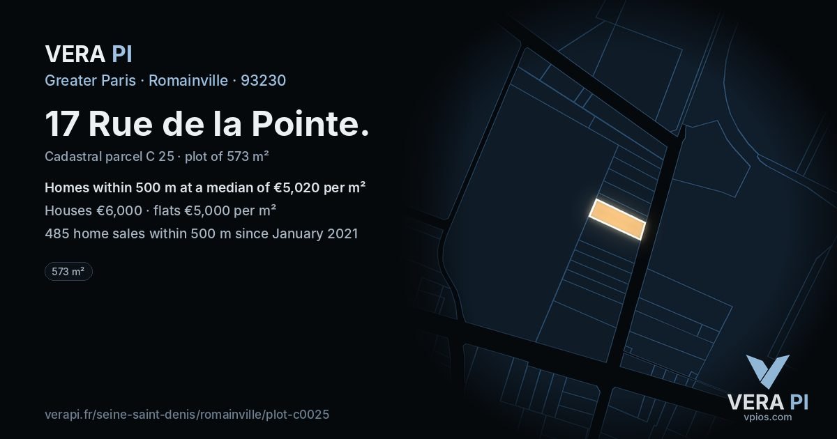 17 Rue de la Pointe, Romainville at night – the plot lit, the parcels around coloured by the prices near them