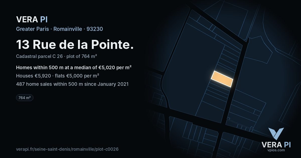 13 Rue de la Pointe, Romainville at night – the plot lit, the parcels around coloured by the prices near them