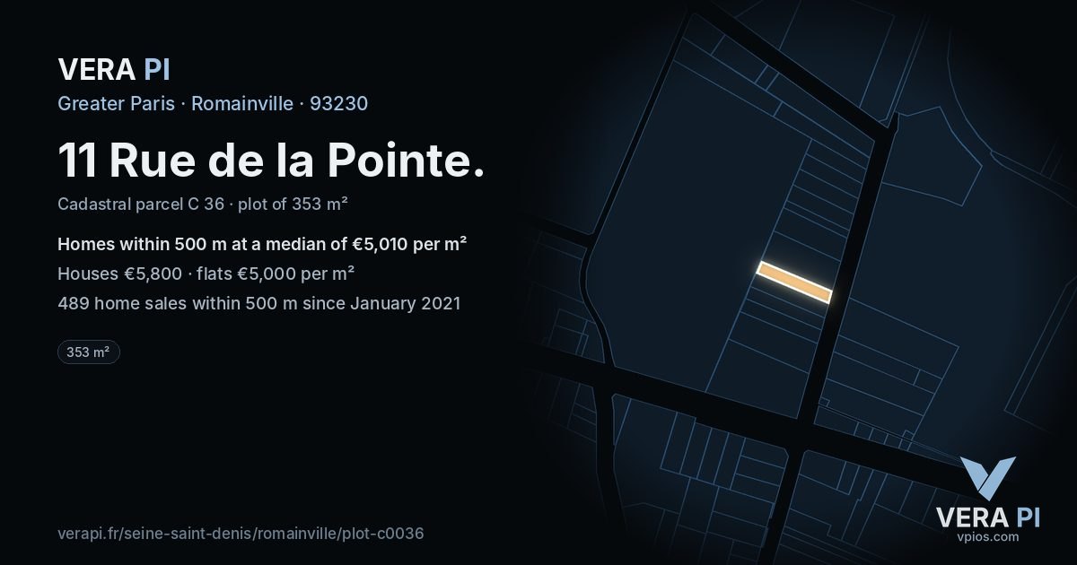 11 Rue de la Pointe, Romainville at night – the plot lit, the parcels around coloured by the prices near them