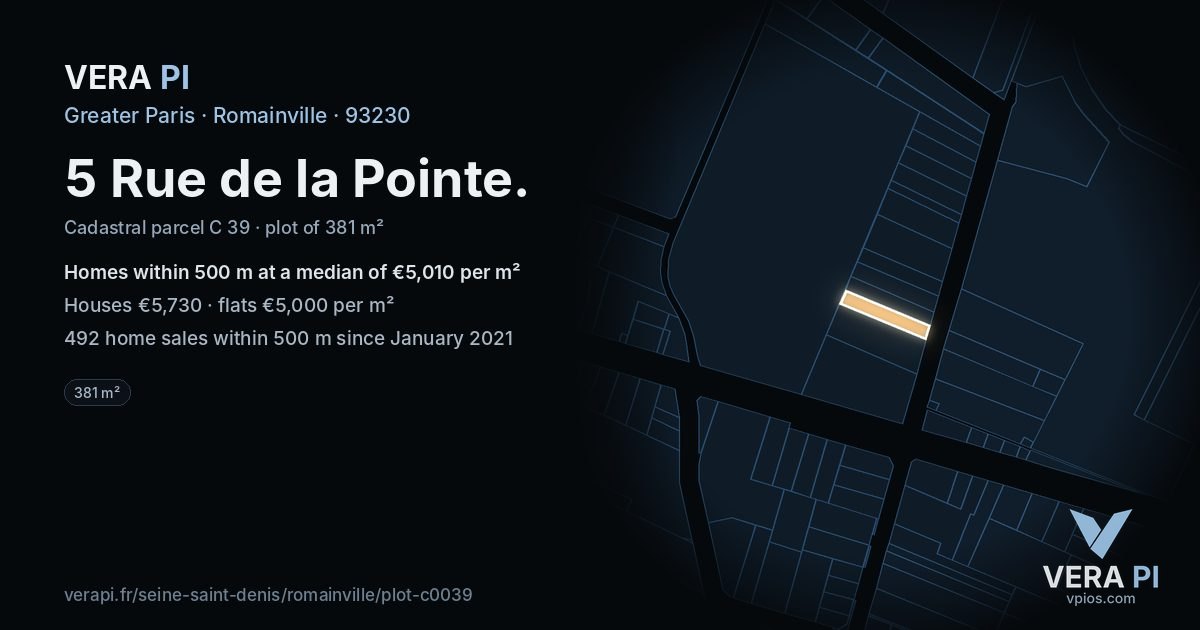 5 Rue de la Pointe, Romainville at night – the plot lit, the parcels around coloured by the prices near them