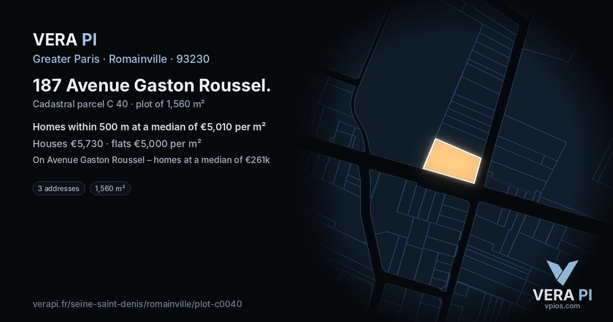 187 Avenue Gaston Roussel, Romainville at night – the plot lit, the parcels around coloured by the prices near them