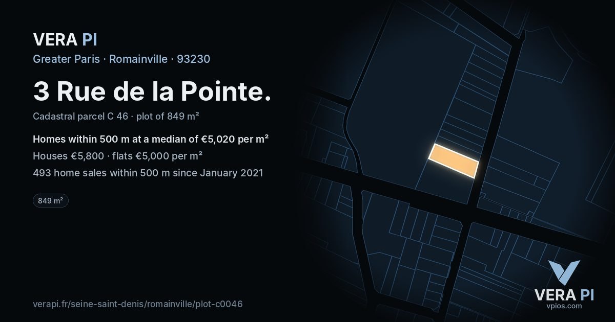 3 Rue de la Pointe, Romainville at night – the plot lit, the parcels around coloured by the prices near them
