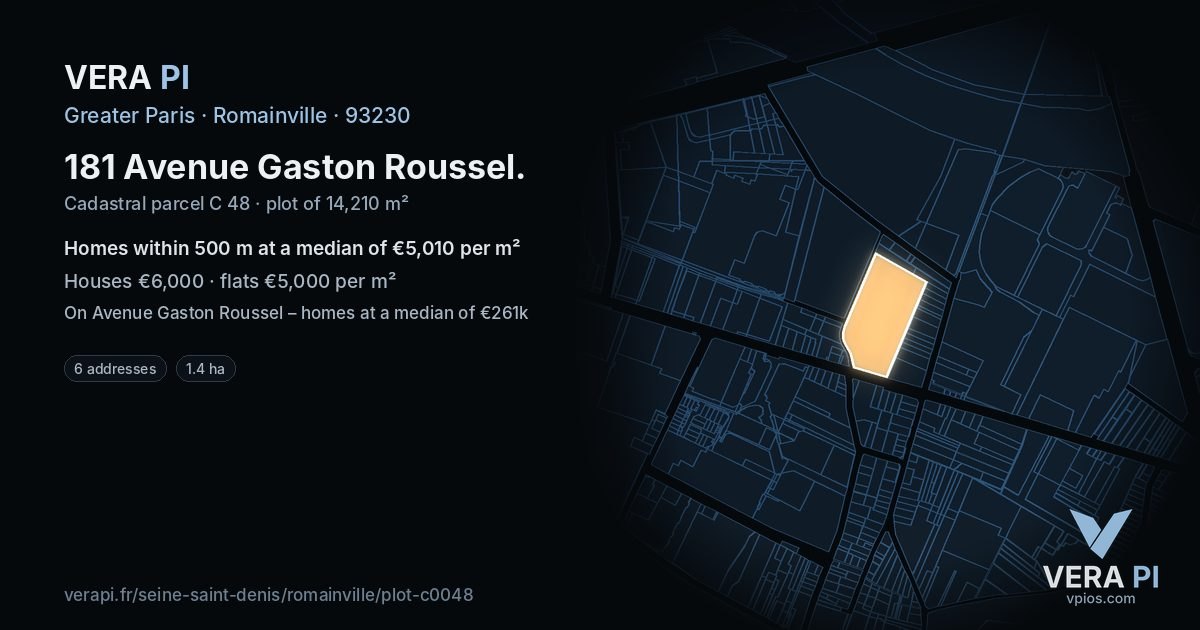 181 Avenue Gaston Roussel, Romainville at night – the plot lit, the parcels around coloured by the prices near them
