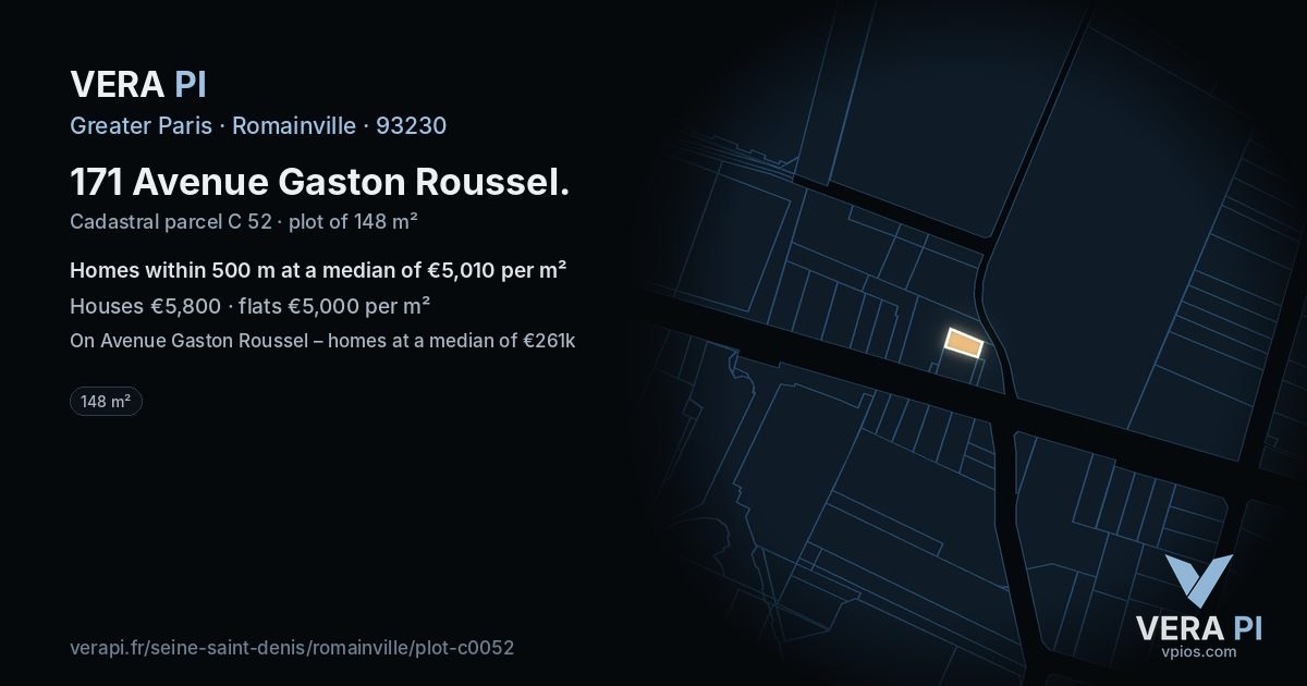 171 Avenue Gaston Roussel, Romainville at night – the plot lit, the parcels around coloured by the prices near them
