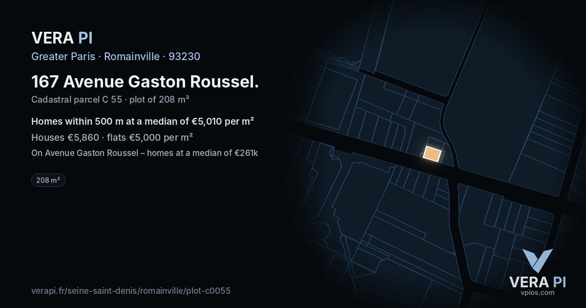 167 Avenue Gaston Roussel, Romainville at night – the plot lit, the parcels around coloured by the prices near them