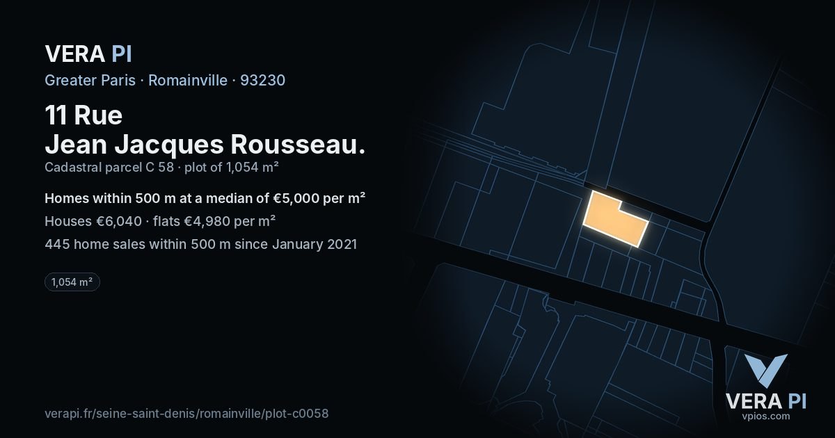 11 Rue Jean Jacques Rousseau, Romainville at night – the plot lit, the parcels around coloured by the prices near them