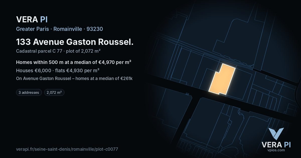 133 Avenue Gaston Roussel, Romainville at night – the plot lit, the parcels around coloured by the prices near them