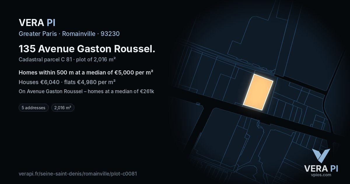 135 Avenue Gaston Roussel, Romainville at night – the plot lit, the parcels around coloured by the prices near them